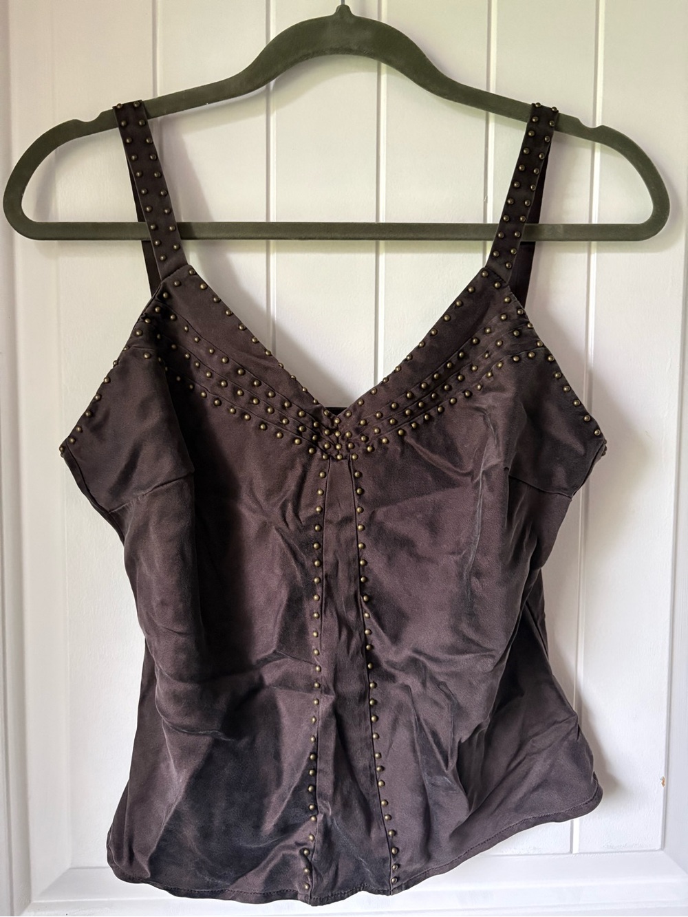 Stud-Accent Silk Brown V-Neck Tank Top
